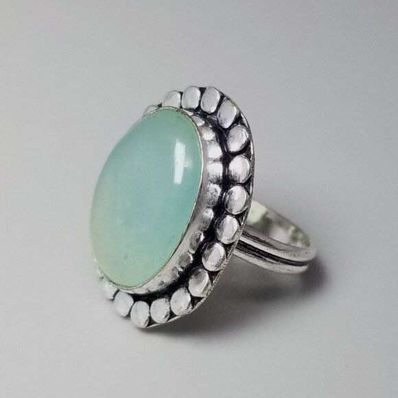 Vintage Light Blue Oval Cabochon Ring, Silver Tone Bezel Set size 7 Band - Picture 1 of 9